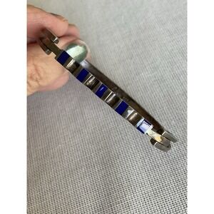 925 Mexico Taxco Sterling Silver Blue Lapis Inlay Hinged Bangle Bracelet Vintage